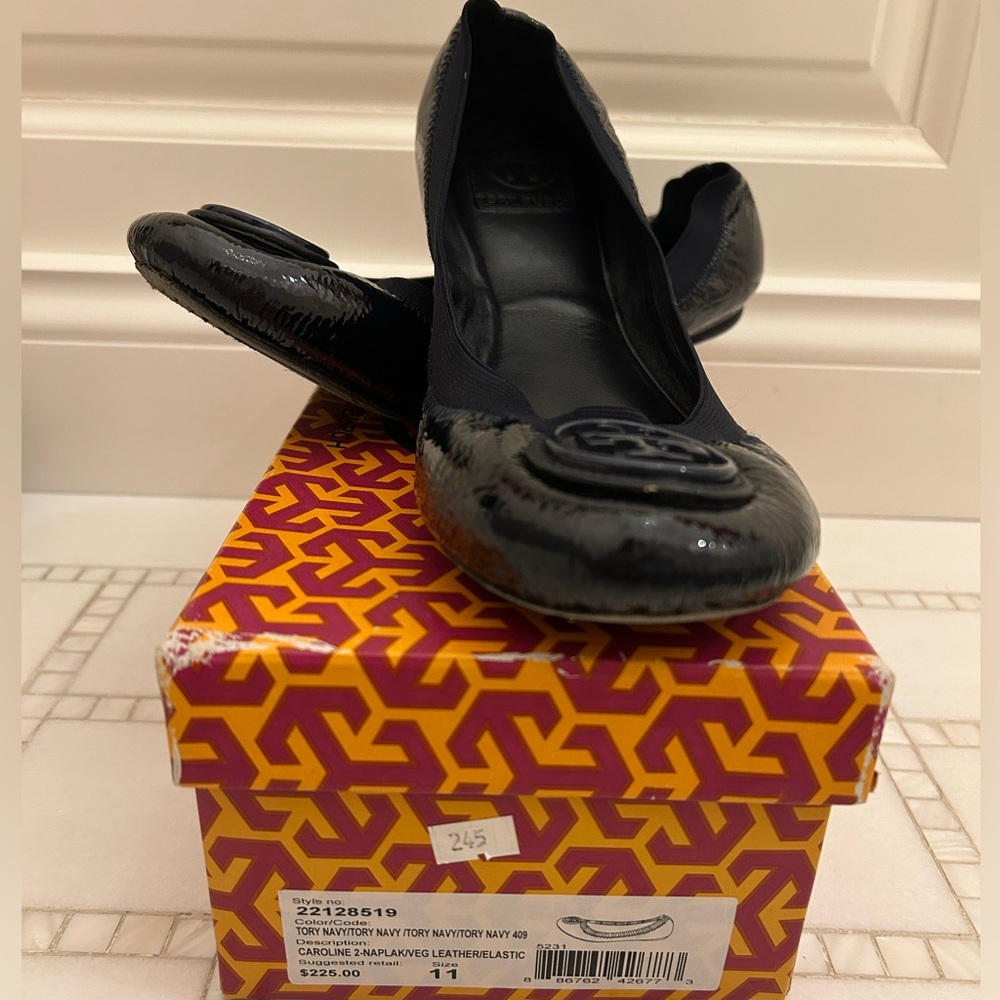Tory Burch Navy Caroline 2-Naplak/Veg Leather/Elastic ballet flats